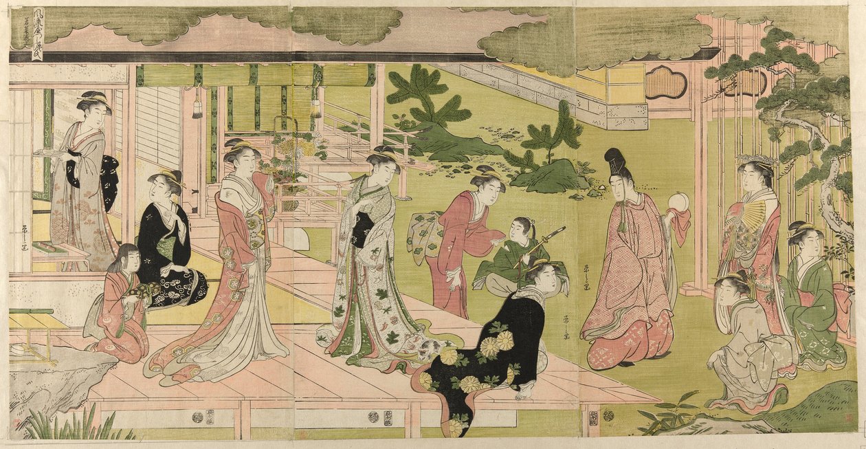 Wakana, deel 1 (Wakana, jo), uit de serie "Een modieuze parodie van het verhaal van Genji (Furyu yatsushi Genji)" door Chobunsai Eishi