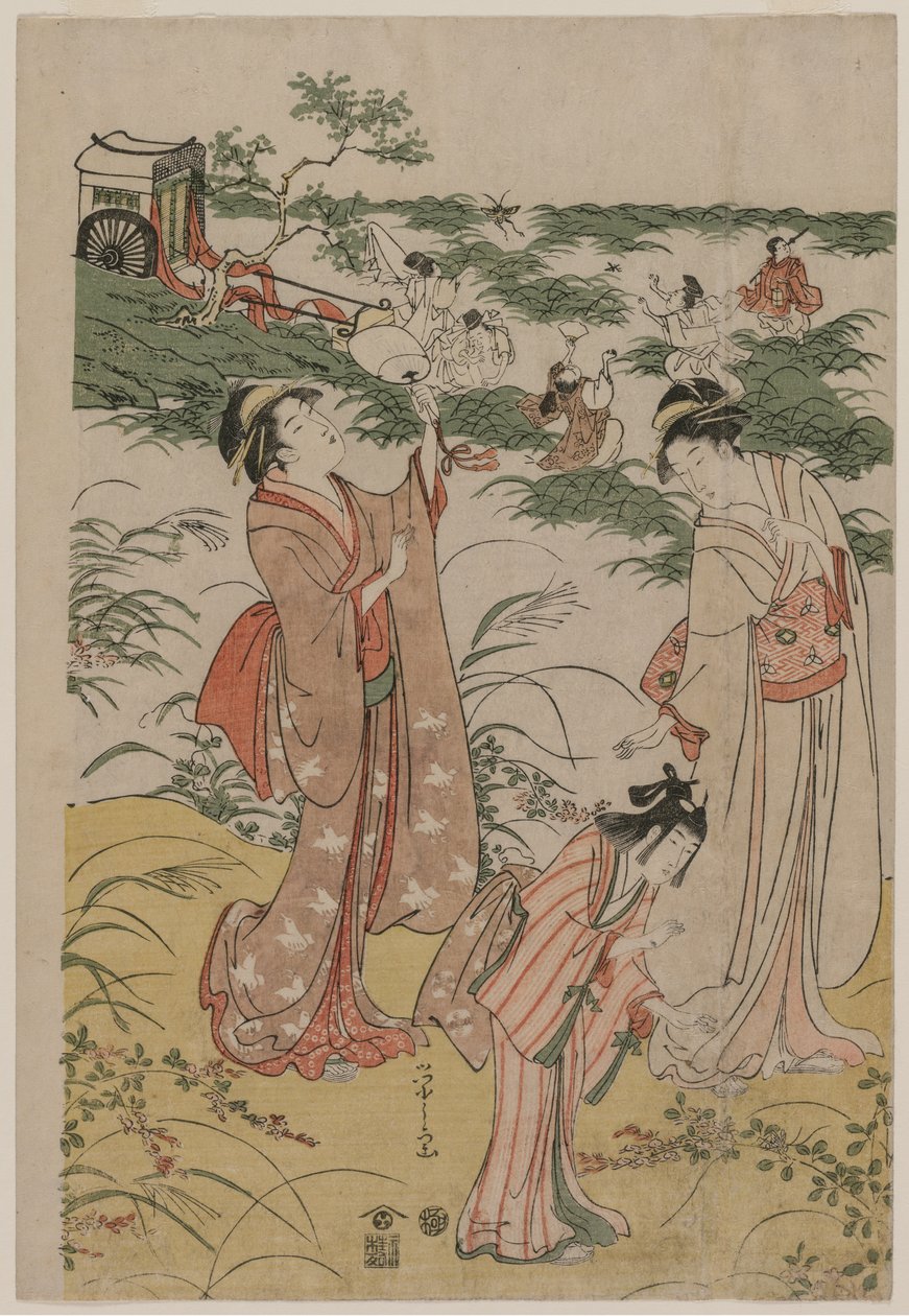 Vrouwen die krekels achtervolgen op een herfstige heide, vroege jaren 1790 door Chobunsai Eishi
