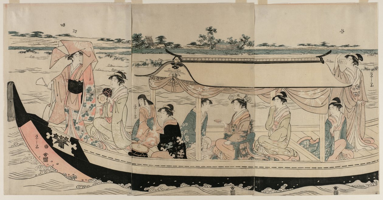 Vrouwen in een plezierboot op de Sumida-rivier, begin 1790s door Chobunsai Eishi