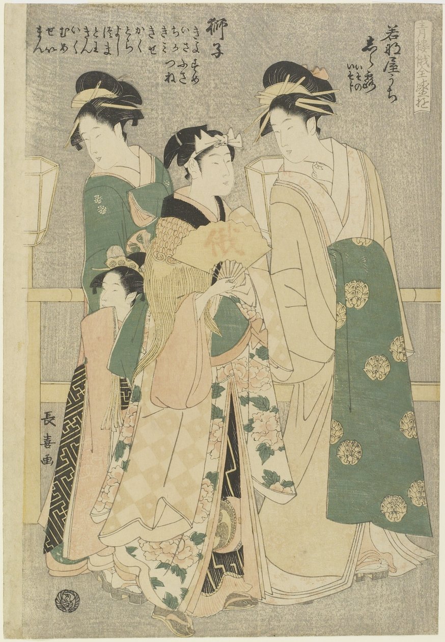 Drie courtisanes van Wakafune-ya House: Shiratsuyu, Isono en Isoji, ca. 1794 door Choki Eishusai