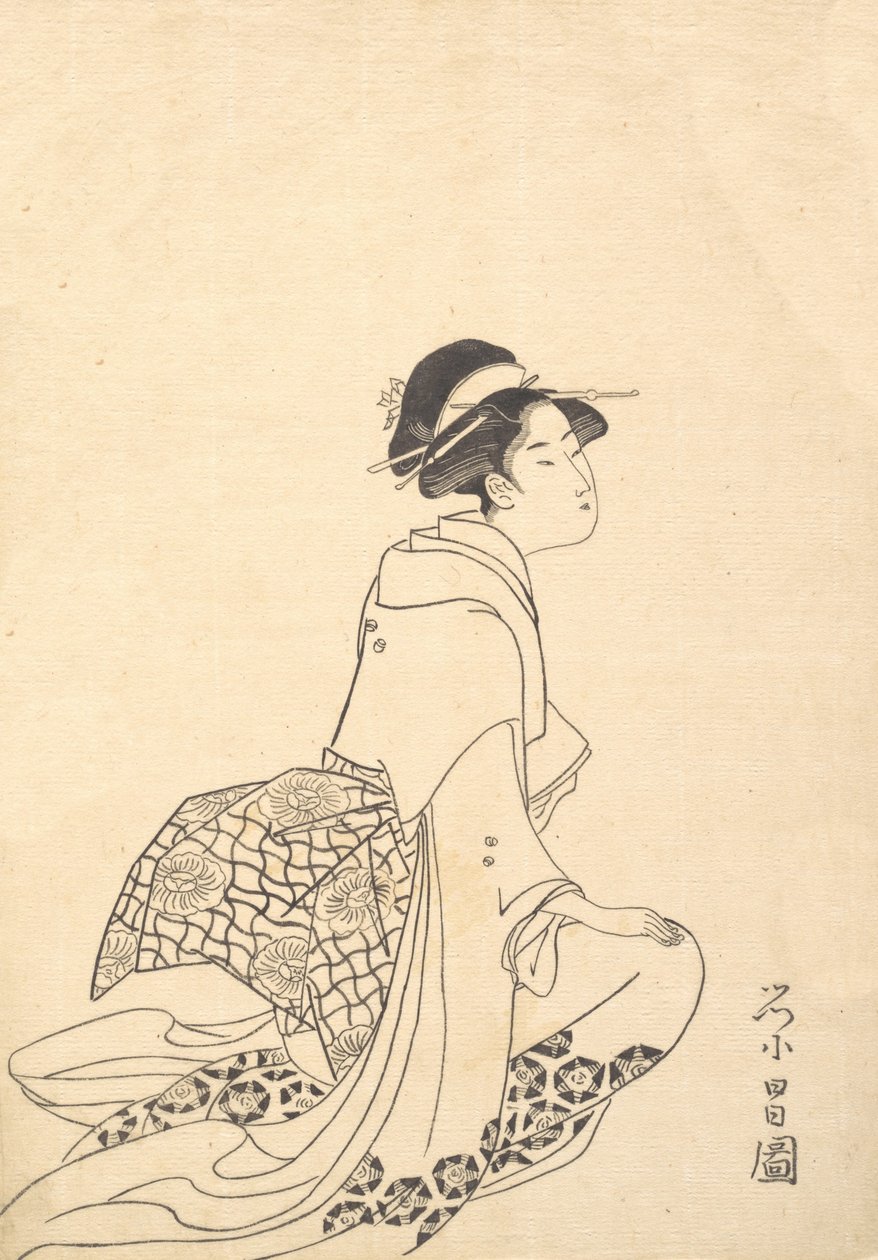 Een knielende vrouw door Chokosai Eisho