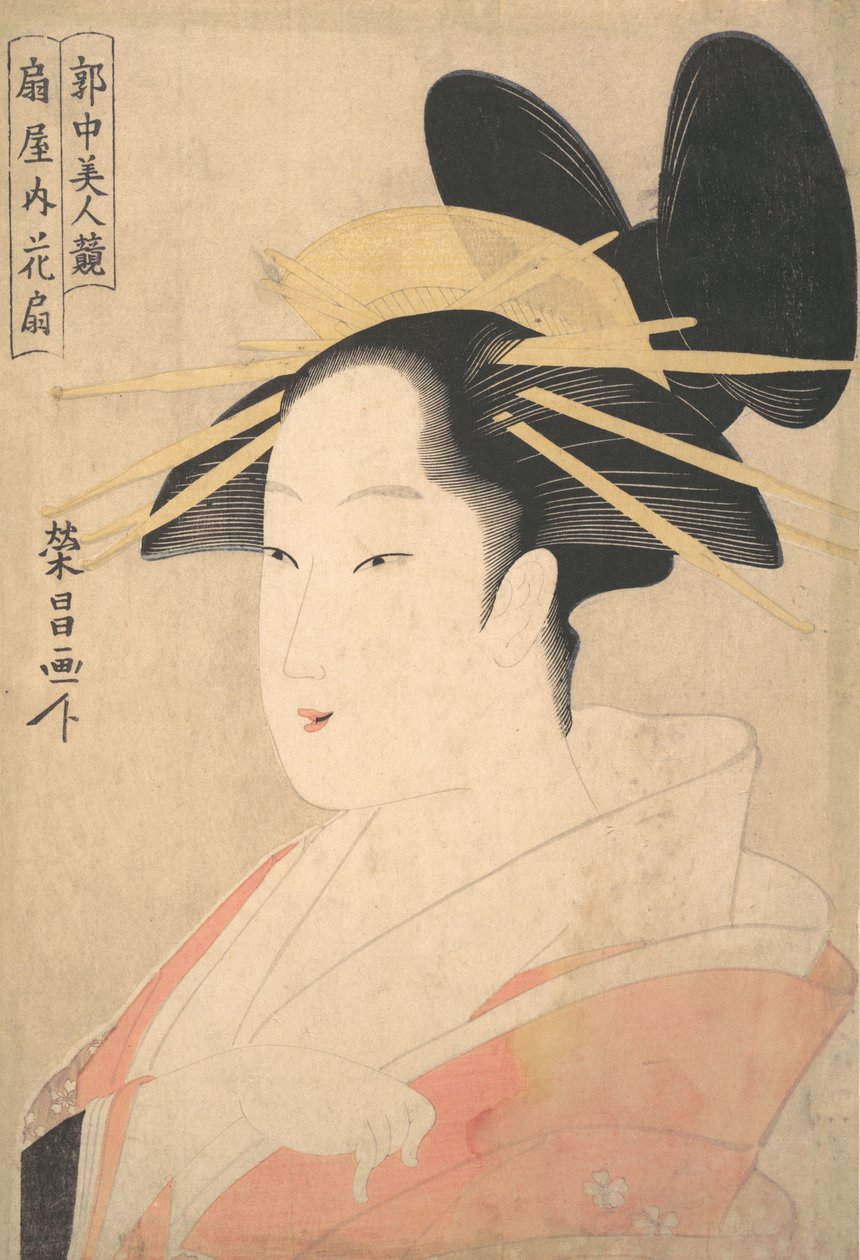 Groot hoofd en busteportret van de Oiran Hanaogi van Ogiya, waarschijnlijk 1798 door Chokosai Eisho