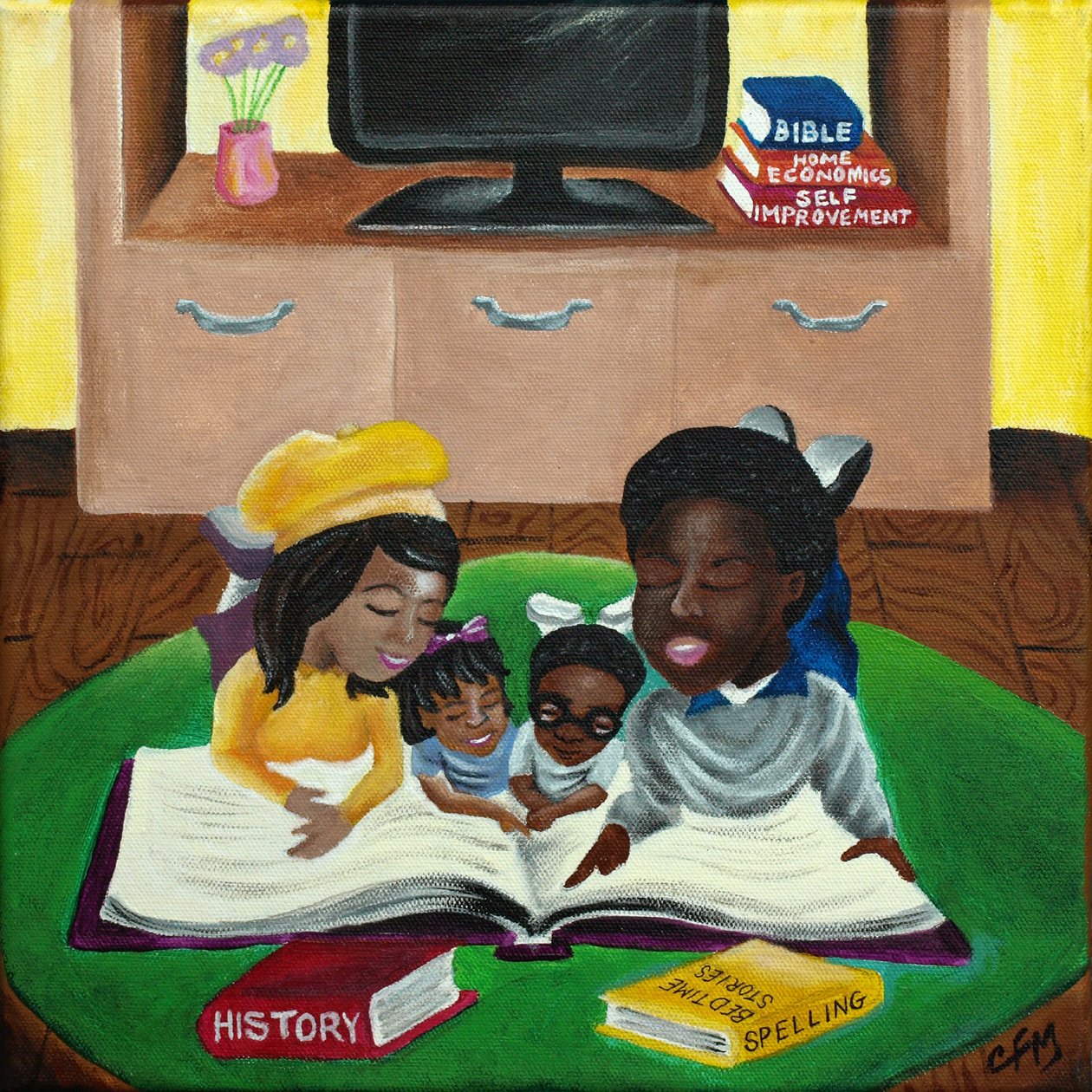 Een gezin dat samen leest, 2015 (acryl op doek) door Chris Fabor