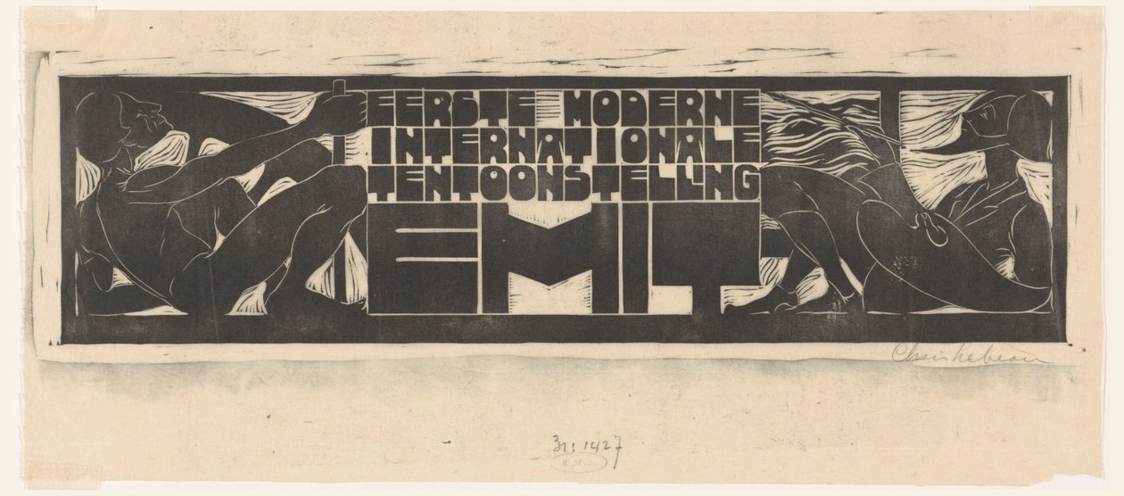 Aankondiging of titelhoofd voor de Eerste Moderne Internationale Tentoonstelling (EMIT) te Scheveningen door Chris Lebeau (signed by artist)