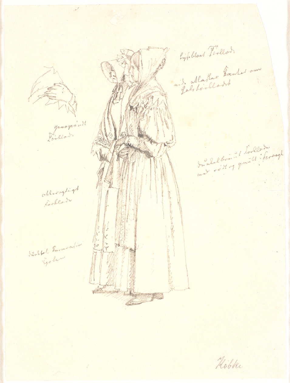 Studietekening voor de vrouwenfiguren op het schilderij, Uitzicht vanaf de Dossering bij Sortedamssøen richting Østerbro door Christen Købke