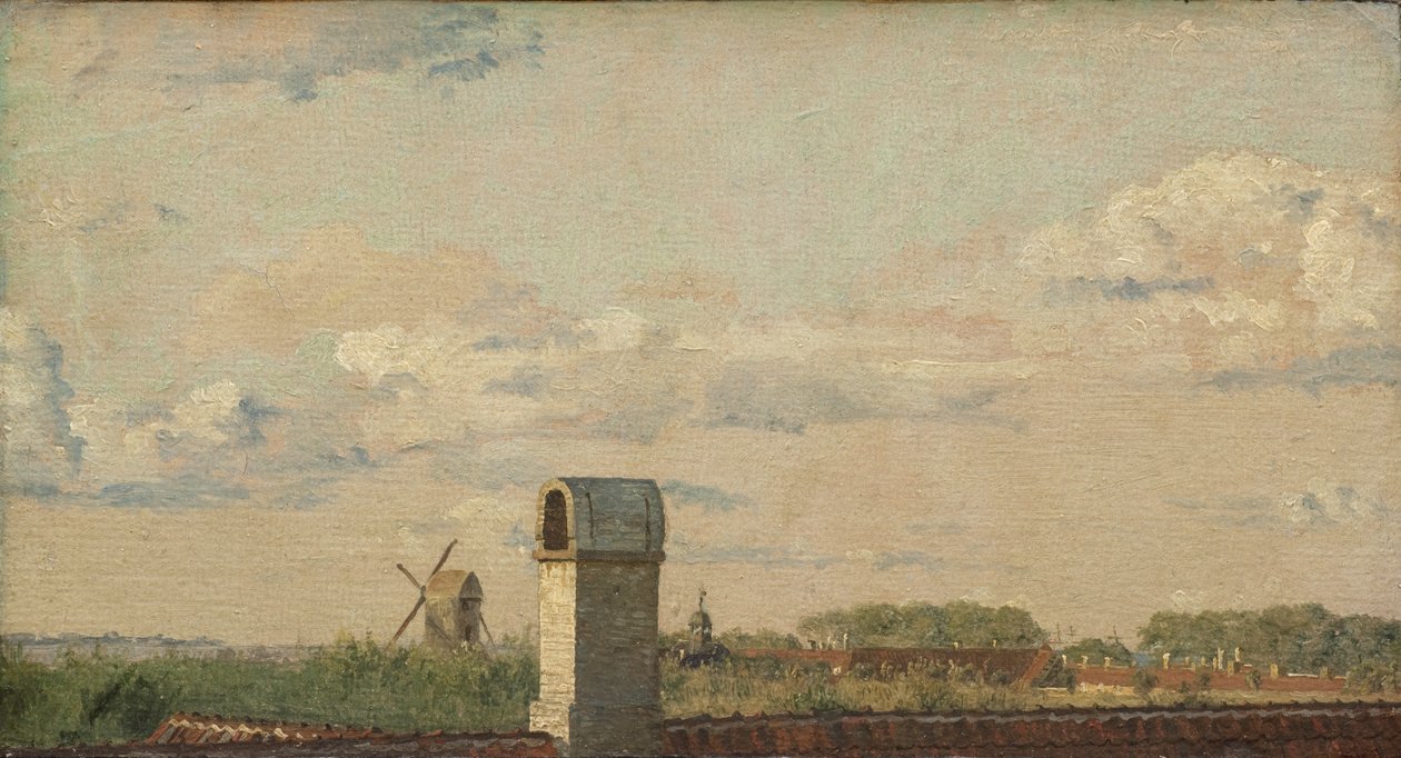 Uitzicht vanuit een raam in Toldbodvej richting de Citadel in Kopenhagen door Christen Købke