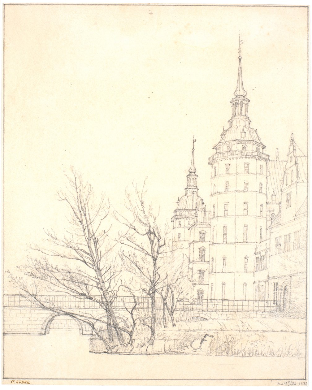 Kasteel Frederiksborg. Uitzicht bij de Muntbrug door Christen Købke