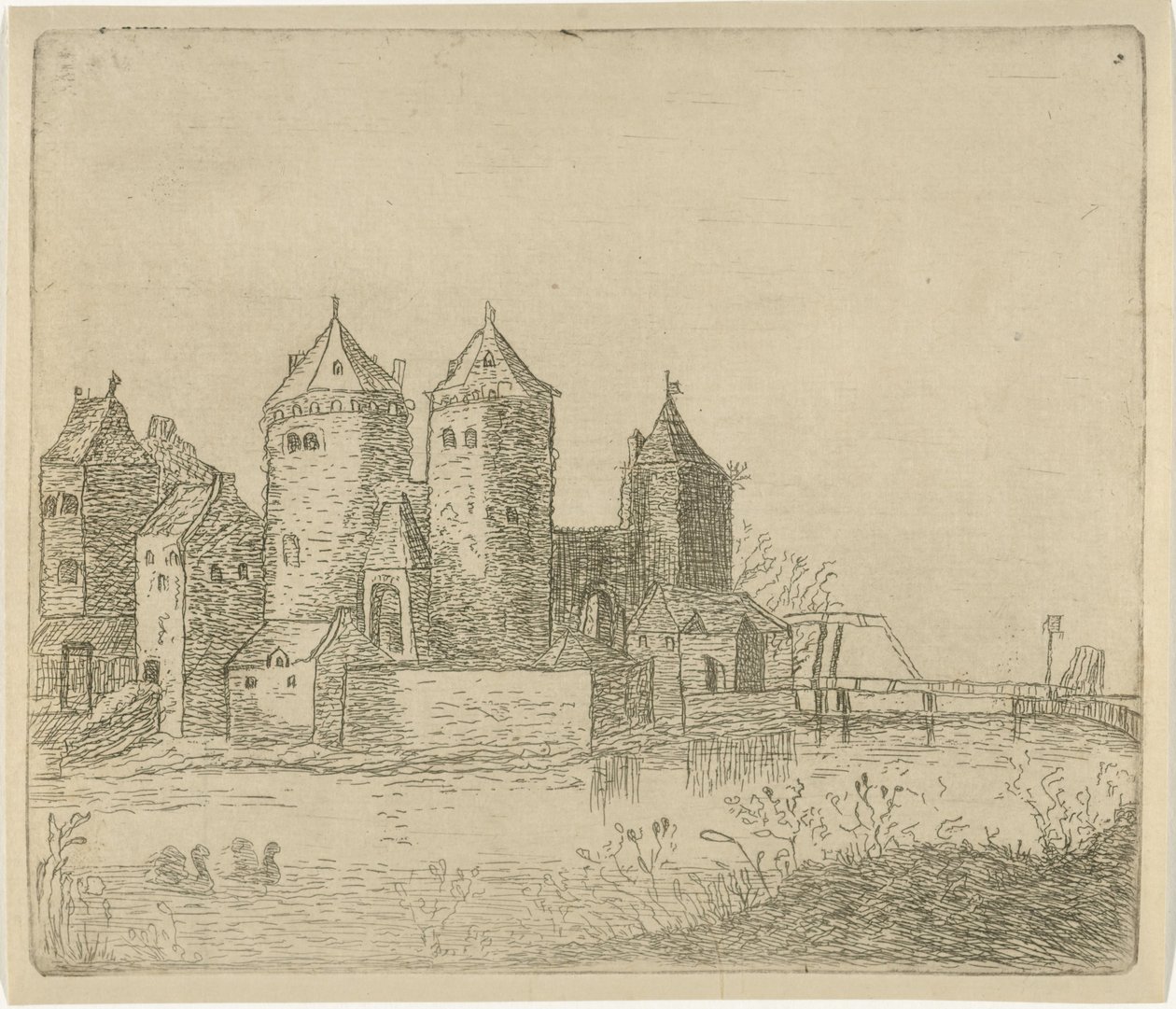 Gezicht op een kasteel met een slotgracht door Christiaan Friedrich Ruppe