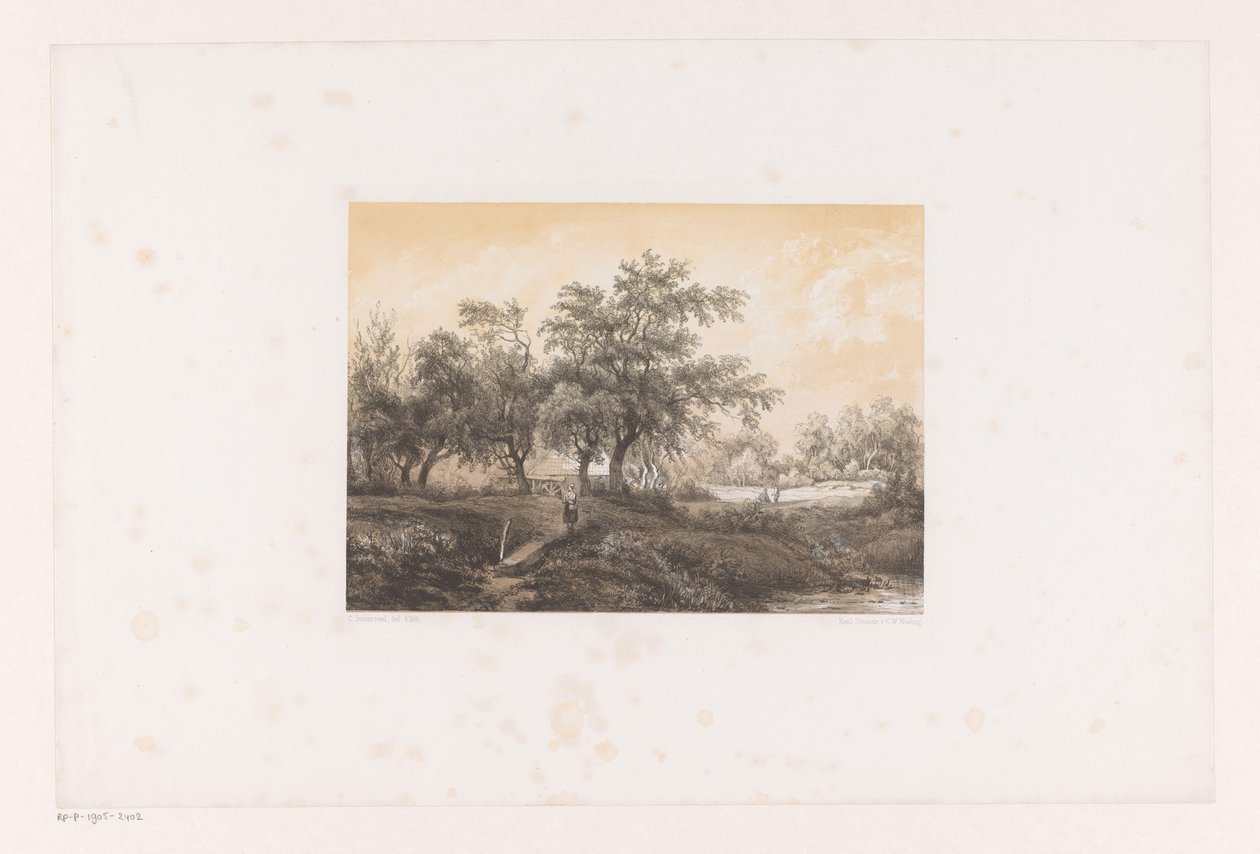 Landschap met bomen en watermolen door Christiaan Immerzeel
