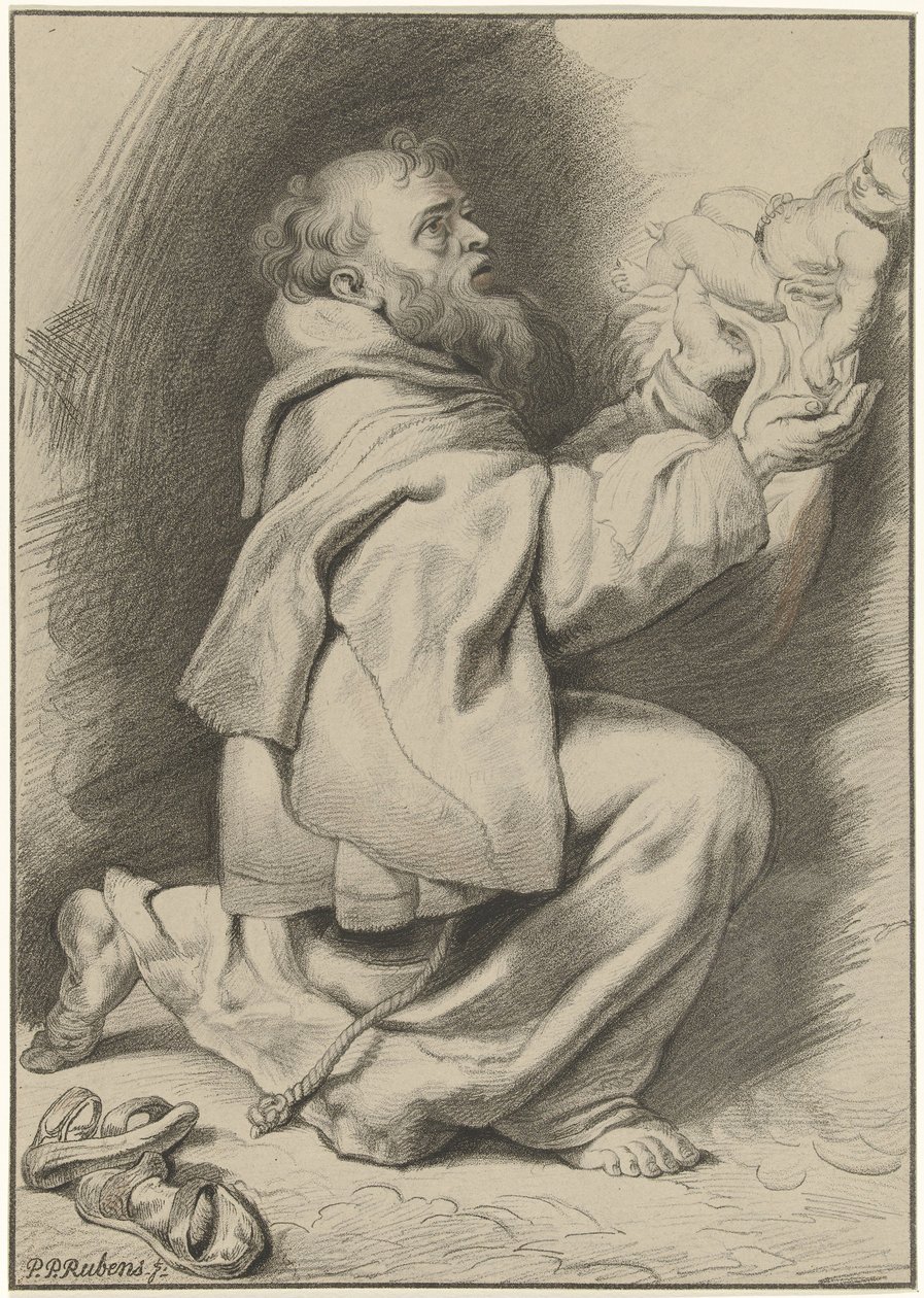 Heilige Franciscus van Assisi ontvangt het Christuskind van Maria door Christiaan Josi