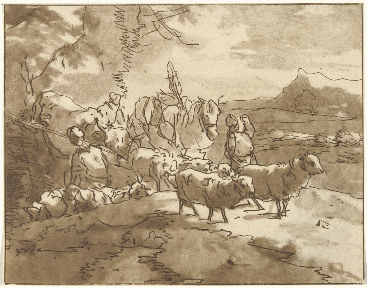 Landschap met herders en vee door Christiaan Josi