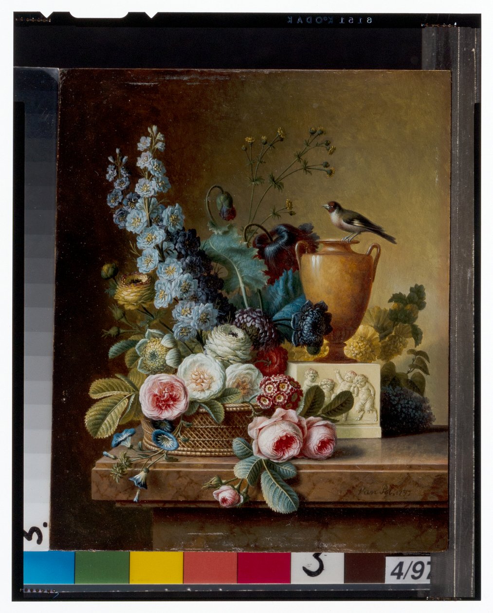 Een vaas met bloemen op een marmeren richel & een mand met bloemen met een distelvink door Christiaan van Pol