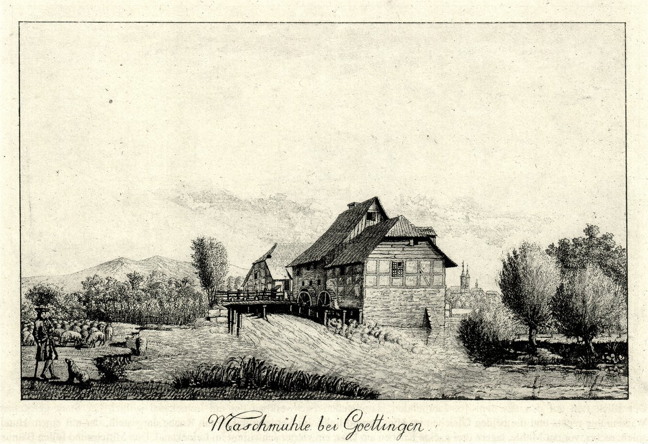 Voormalige Maschmühle aan de Leine ten noorden van Göttingen, op de achtergrond links de Hainberg, rechts de stad door Christian Andreas Besemann