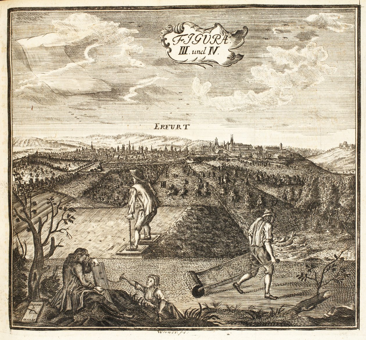 Tuinmannen die de grond voorbereiden voor het zaaien, pub. Erfurt in Thüringen, 1753-55 door Christian Reicharts