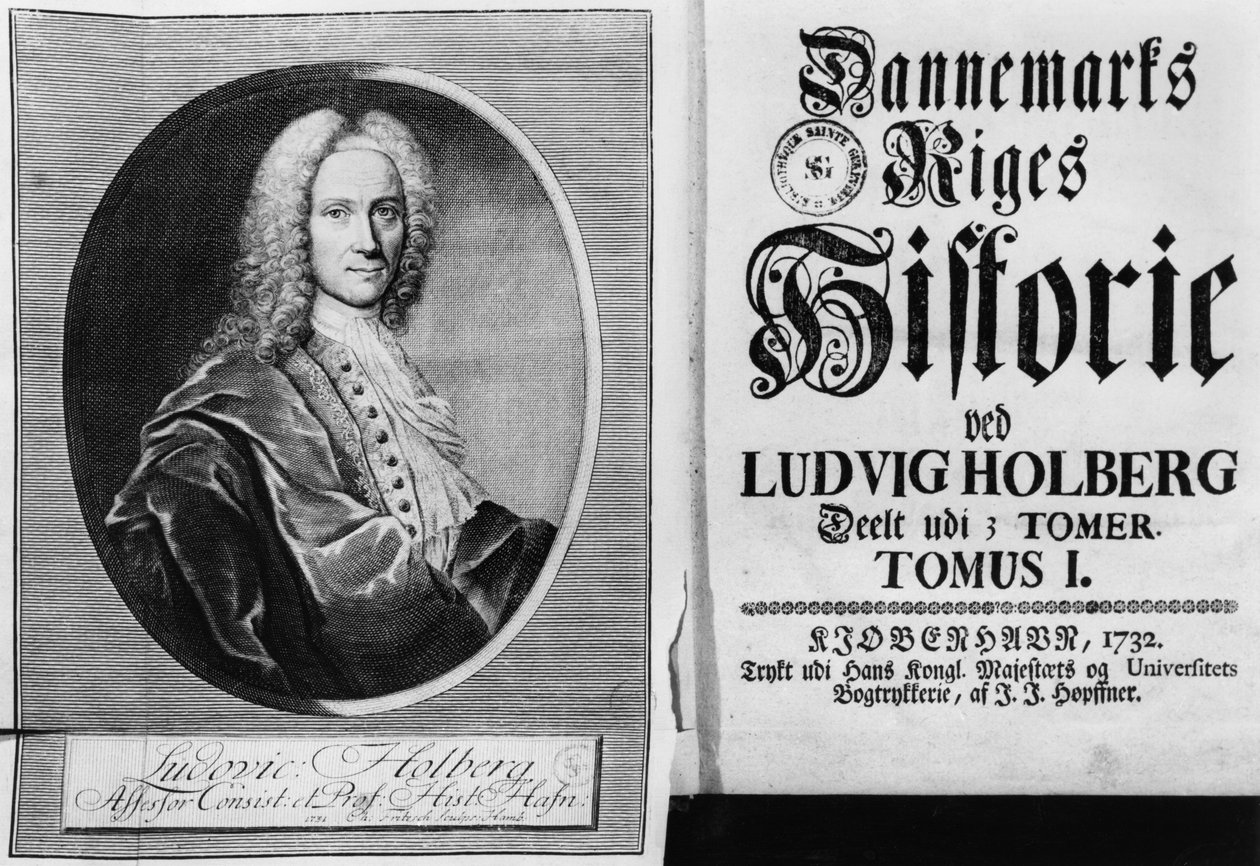 Baron Ludvig Holberg en de titelpagina van deel I van zijn Geschiedenis van Denemarken, gepubliceerd in Kopenhagen, 1732 door Christian Friedrich Fritzsch