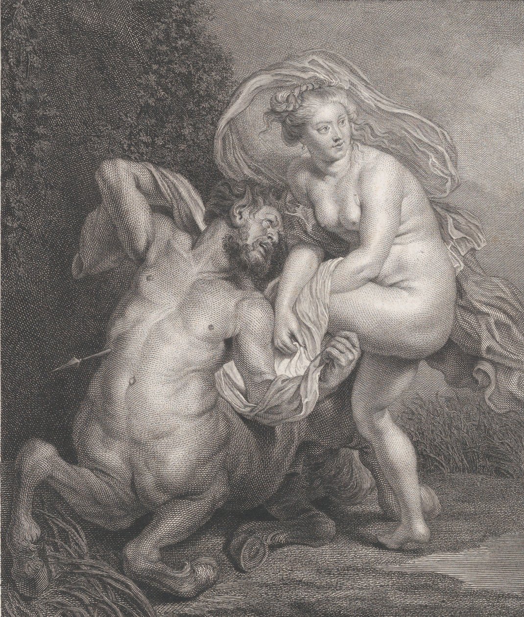 Deianeira ontvangt het vergiftigde hemd van Nessus, en de gewonde centaur valt neer door Christian Gottfried Schulze