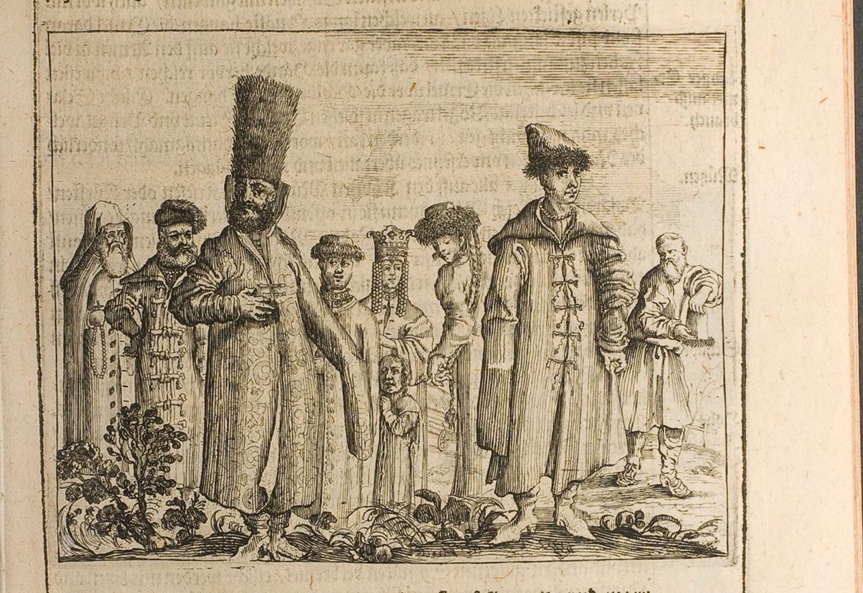Traditionele kleding van Moskovieten Illustratie uit Reizen naar de Grote Hertog van Moskou en de Kin door Christian Lorenzen Rothgiesser