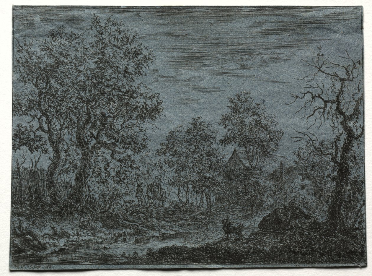 Een kleine rivier op de voorgrond met een koe en een geit door Christian Ludwig von Hagedorn