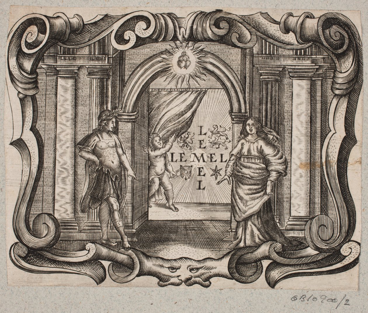 Embleem met Portaal, Man en Vrouw, Amor en Twee Brandende Harten door Christian Rothgiesser