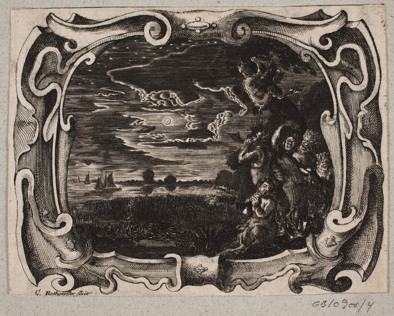 Embleem met saters verzameld bij een boom in de nacht door Christian Rothgiesser