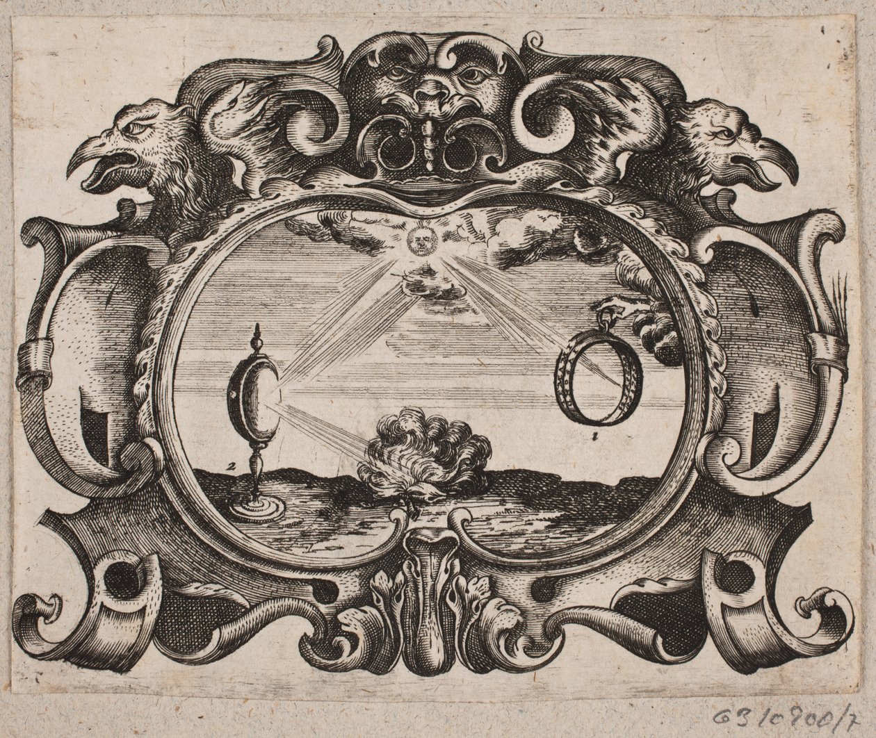 Embleem met zonnestralen door een ring en door een brandglas, zodat er een vuur wordt aangestoken door Christian Rothgiesser