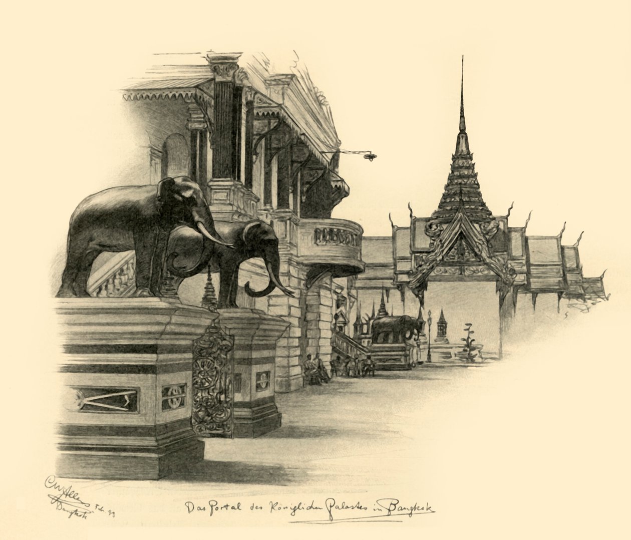 Ingang van het koninklijk paleis in Bangkok, Siam, 1898 door Christian Wilhelm Allers