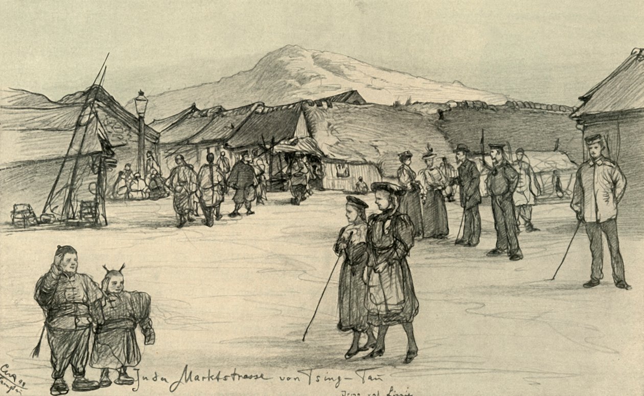Marktplaats, Tsingtao, China, 1898 door Christian Wilhelm Allers