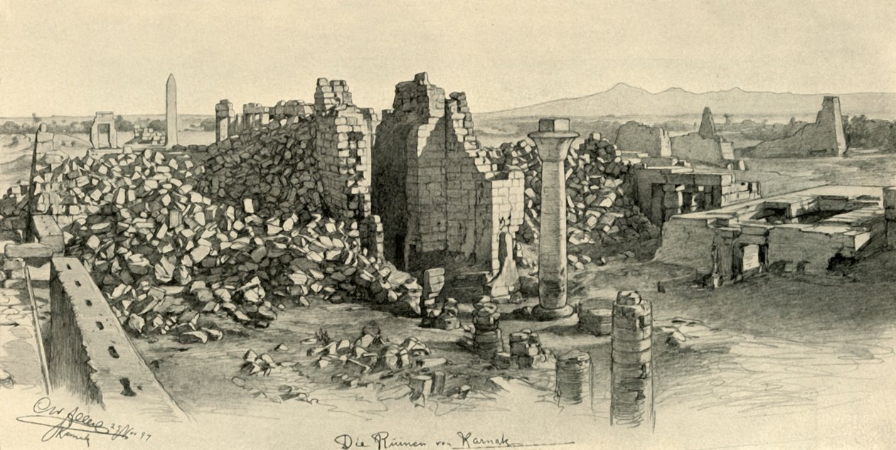 Verwoeste tempels in Karnak, Egypte, 1898 door Christian Wilhelm Allers
