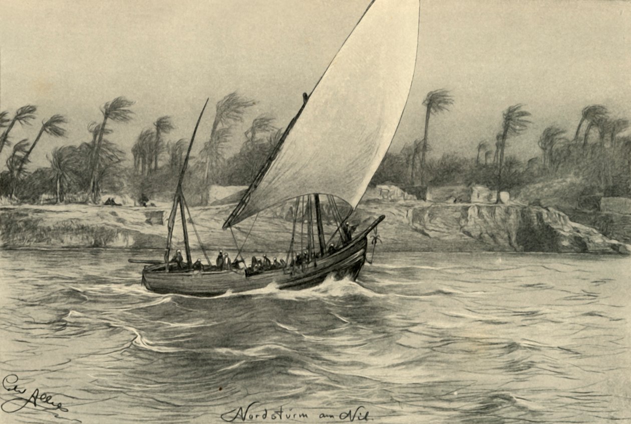 Storm uit het noorden op de Nijl, Egypte door Christian Wilhelm Allers