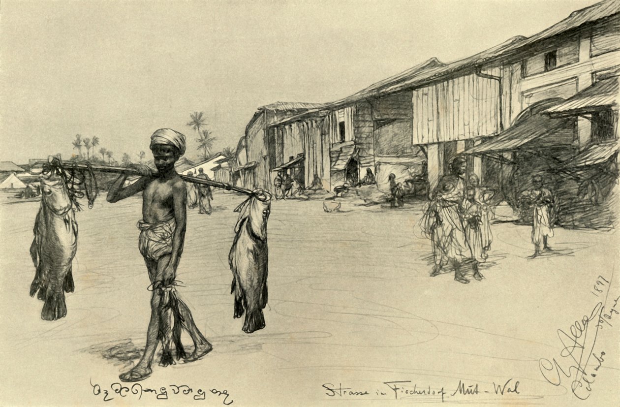 Straatscène in een vissersdorp, Mutwal, Ceylon door Christian Wilhelm Allers