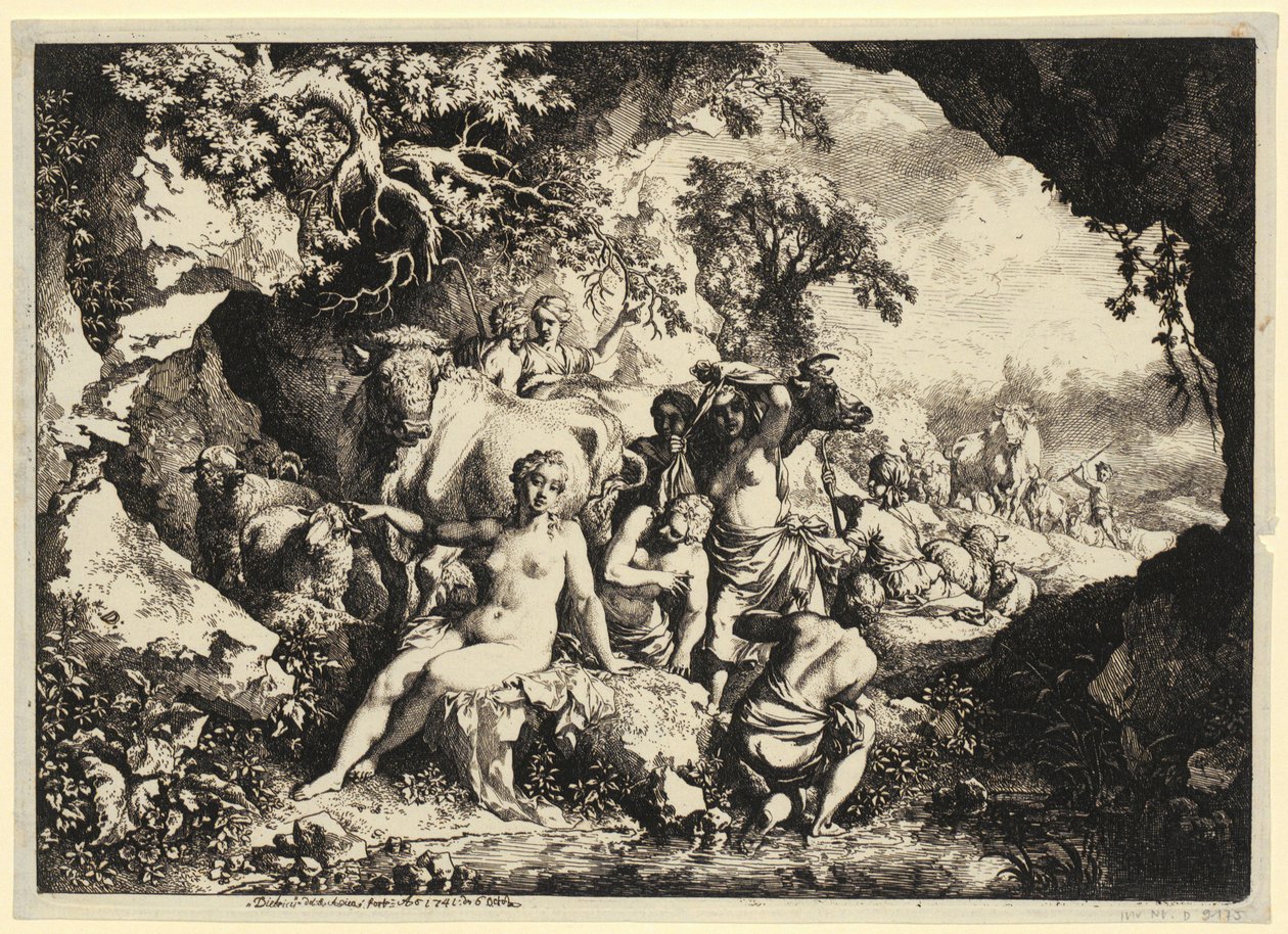 Badende nimfen in een rotsgrot door Christian Wilhelm Ernst Dietrich