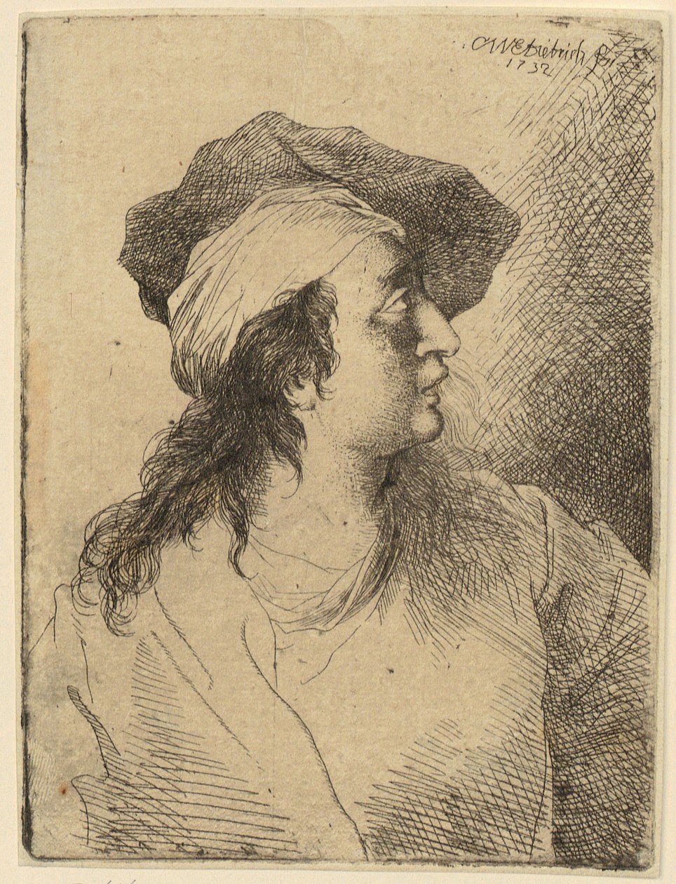 Busteportret van een jonge vrouw met muts, in profiel naar rechts door Christian Wilhelm Ernst Dietrich