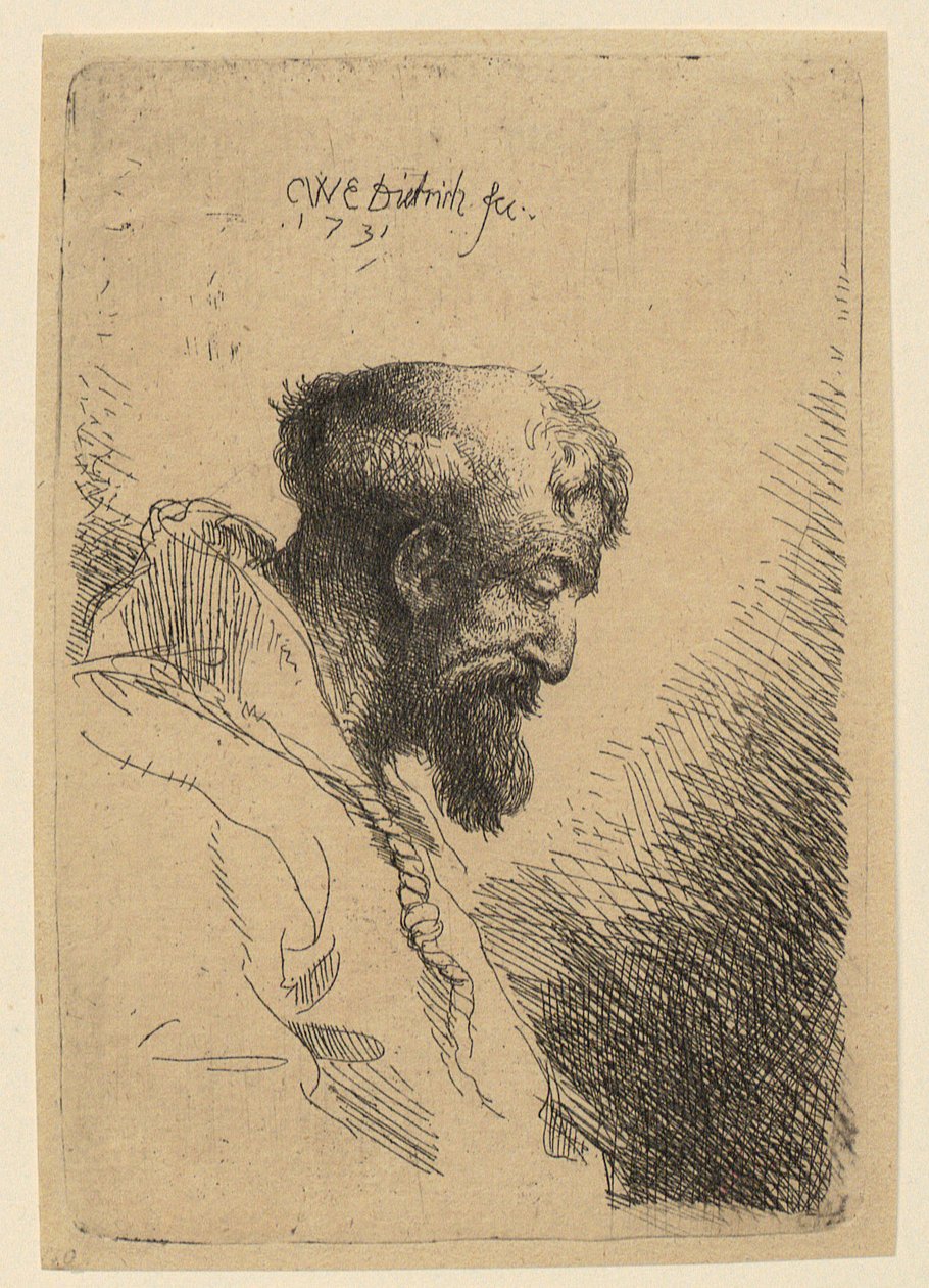 Busteportret van een franciscaan met gebogen hoofd, in profiel naar rechts door Christian Wilhelm Ernst Dietrich