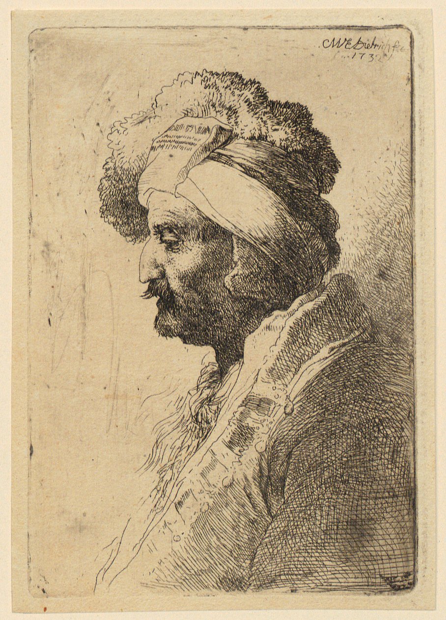Borstportret van een man met hoofddeksel, in profiel naar links door Christian Wilhelm Ernst Dietrich