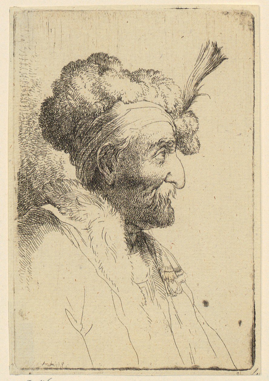 Borstbeeld van een man met bontmuts en snor, in profiel naar rechts door Christian Wilhelm Ernst Dietrich