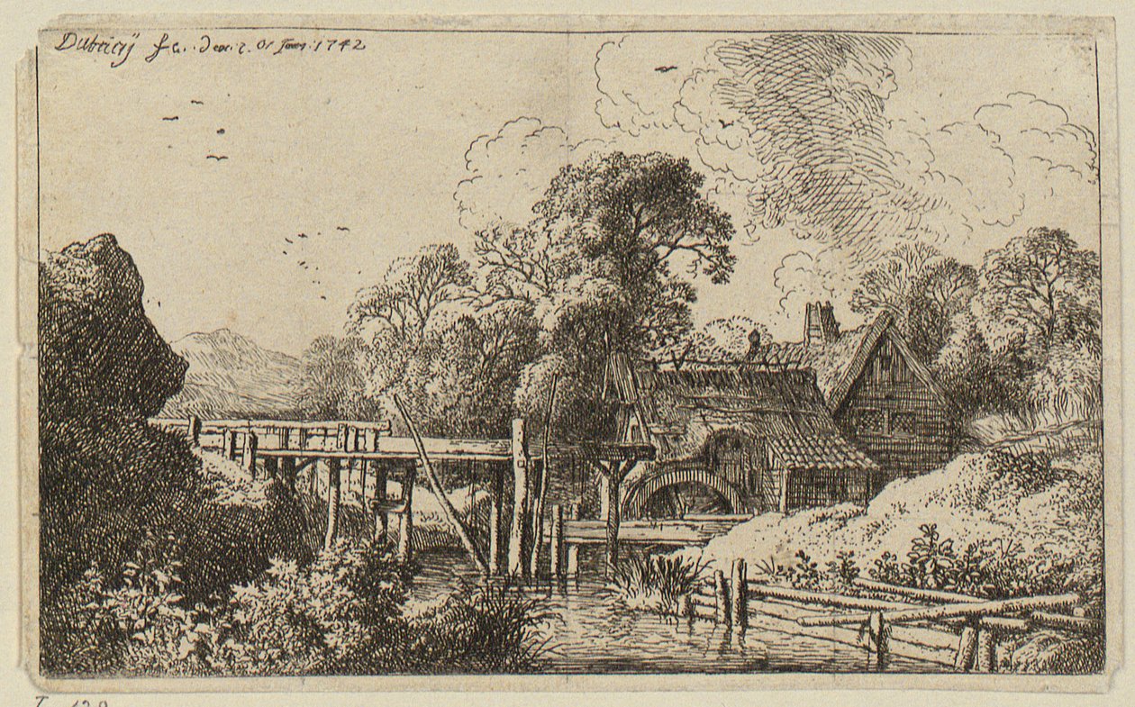 Een molen met een hoge watergoot door Christian Wilhelm Ernst Dietrich