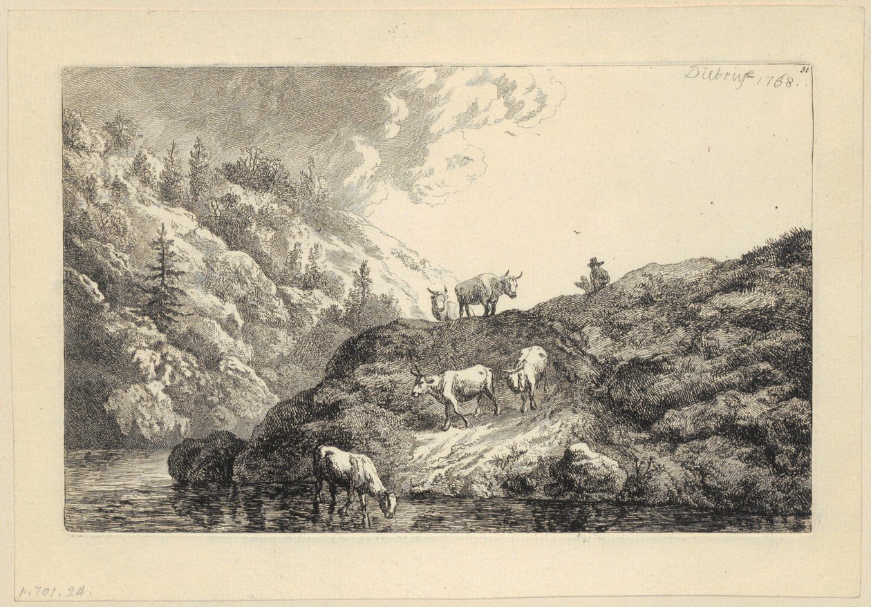 Een kudde dieren bij de rivier [Ossen die naar de drinkplaats worden gedreven] door Christian Wilhelm Ernst Dietrich
