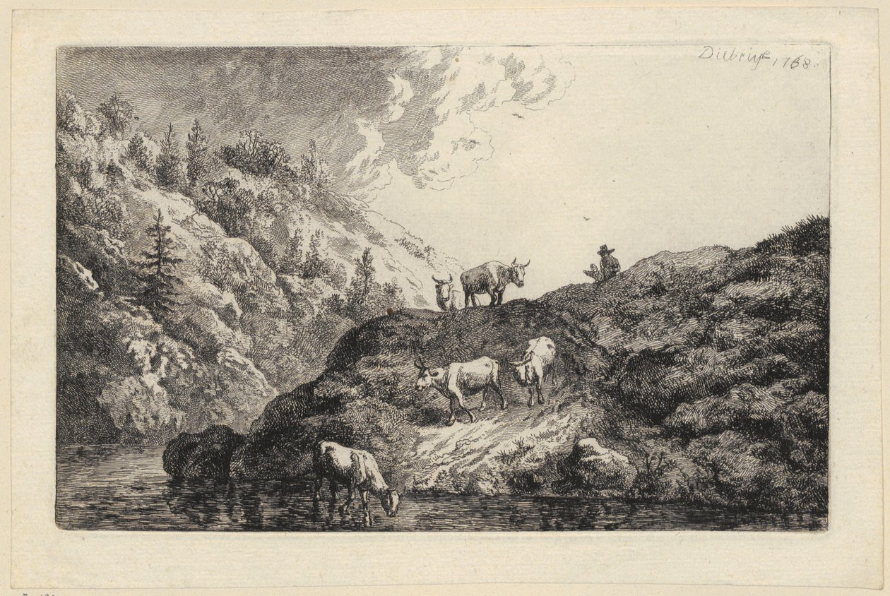 Een kudde dieren bij de rivier [Ossen naar de drinkplaats gedreven] door Christian Wilhelm Ernst Dietrich