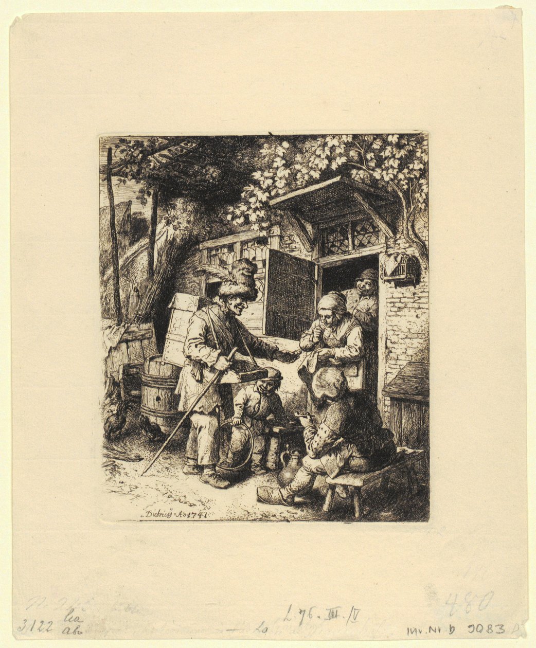 Halffiguur van een zittende man met een gevederde hoed en bril in de linkerhand door Christian Wilhelm Ernst Dietrich