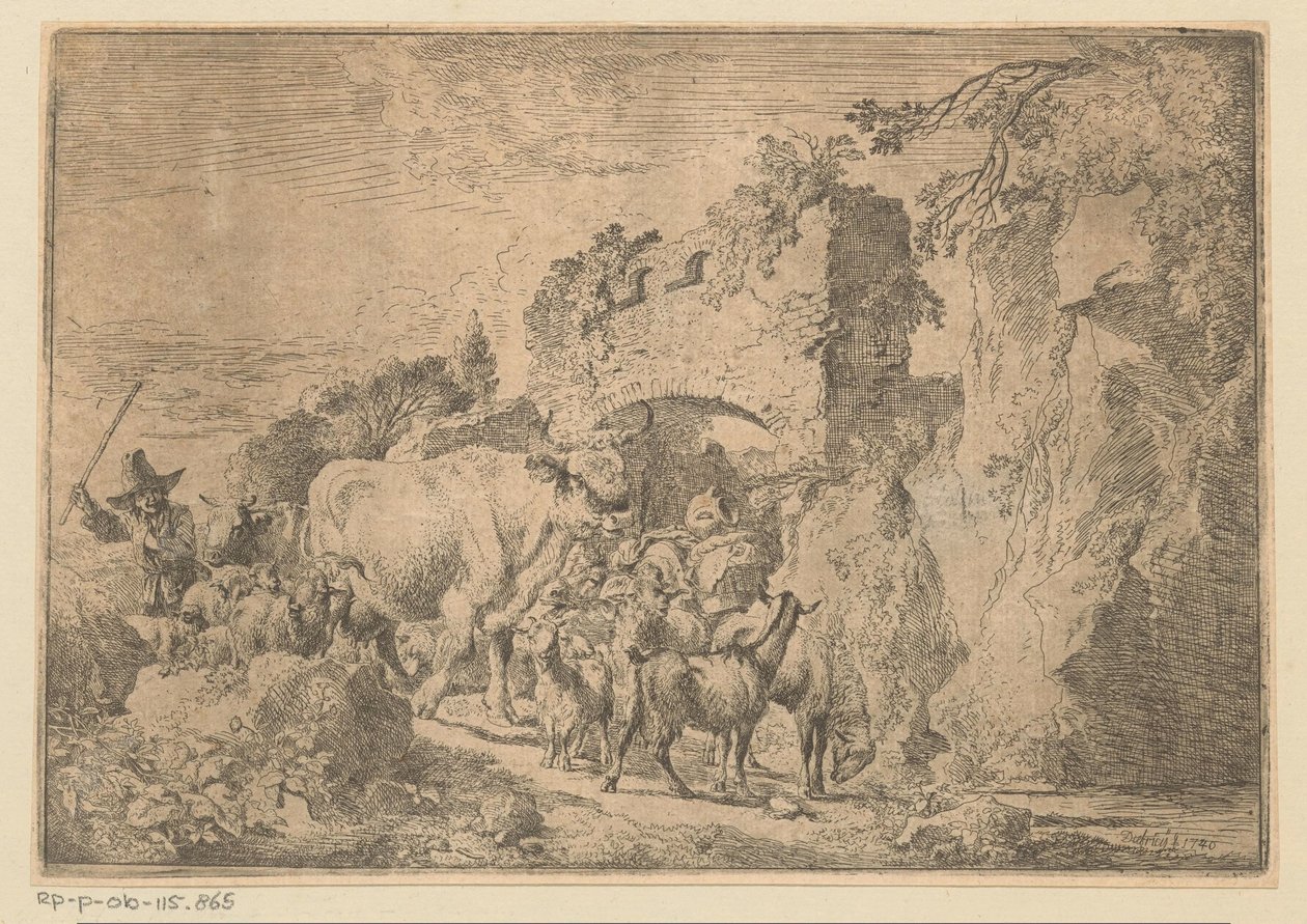 Herder met kudde bij een ruïne door Christian Wilhelm Ernst Dietrich