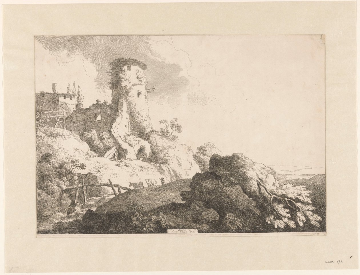 Heuvellandschap met toren door Christian Wilhelm Ernst Dietrich