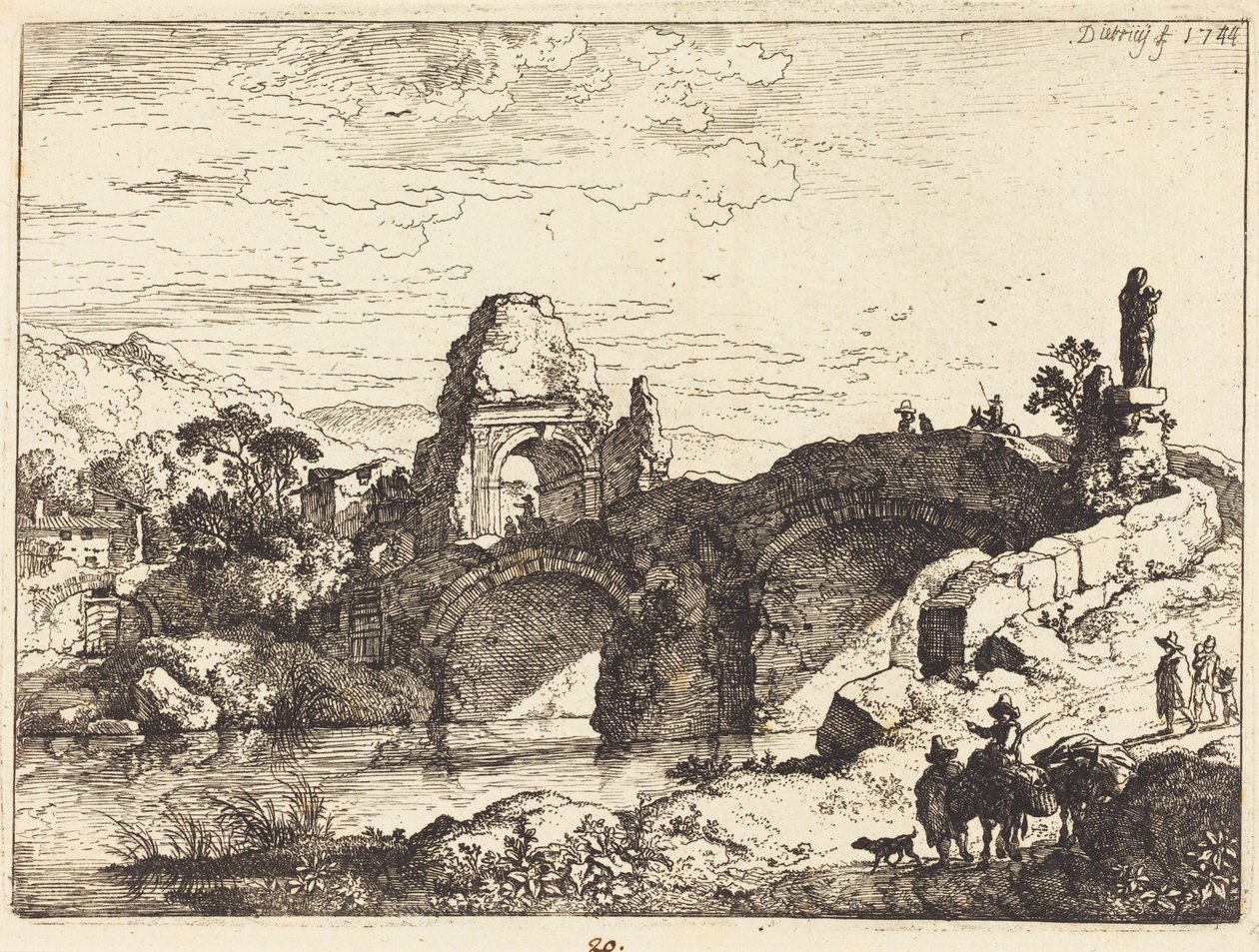 Landschap met een brug en een vervallen toren door Christian Wilhelm Ernst Dietrich