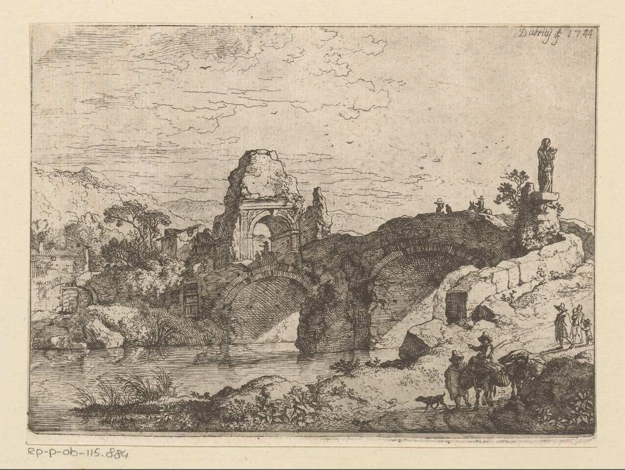 Landschap met de ruïne van een poort naast een vervallen brug door Christian Wilhelm Ernst Dietrich