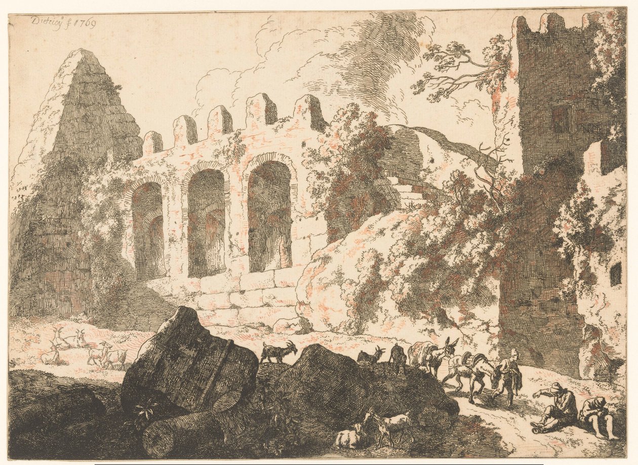 Landschap met ruïnes en een piramide door Christian Wilhelm Ernst Dietrich