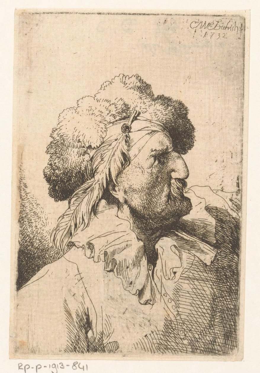 Man met bontmuts en veer door Christian Wilhelm Ernst Dietrich