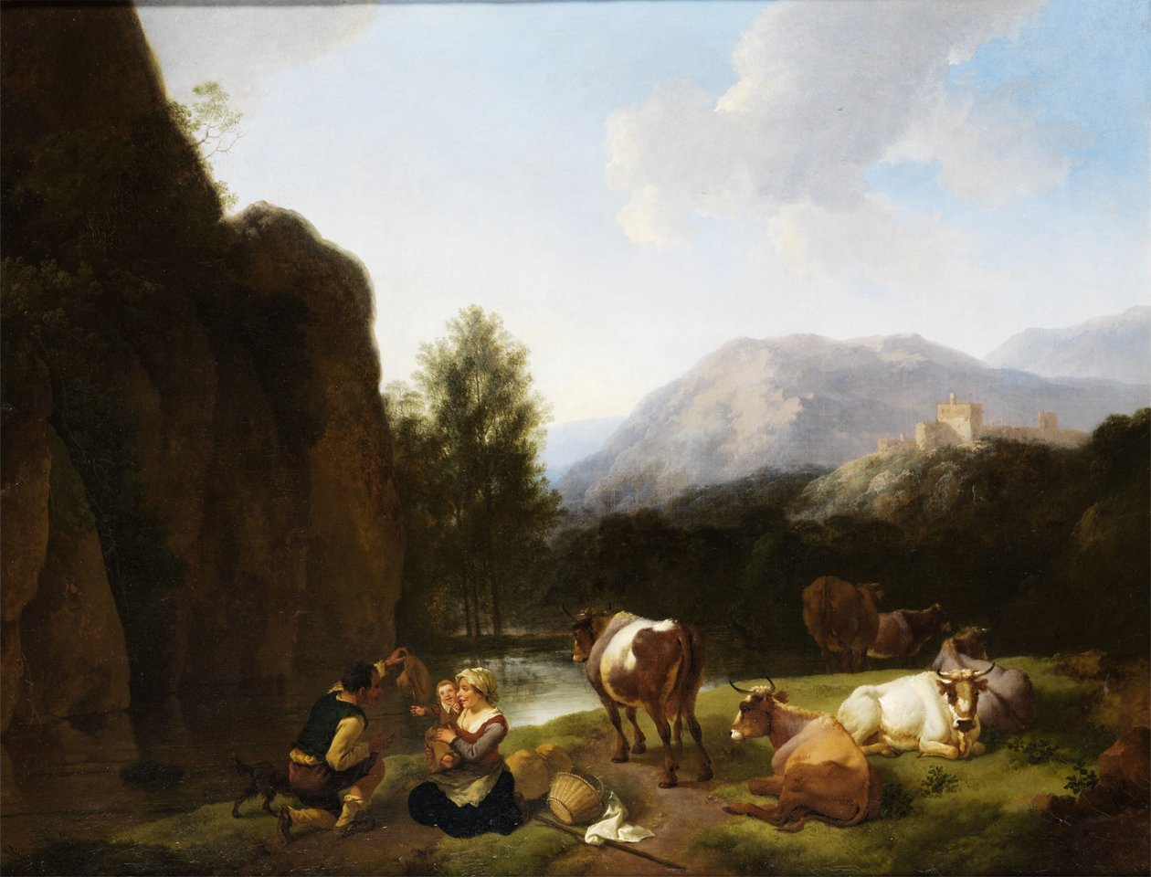 Rustende familie naast koeien bij een rivier door Christian Wilhelm Ernst Dietrich
