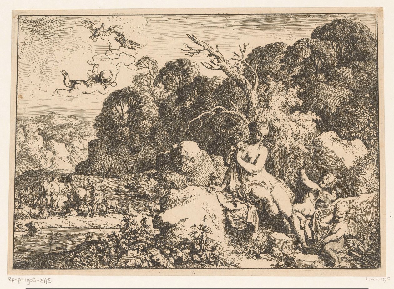 Venus zittend op een rots, vergezeld door drie putti door Christian Wilhelm Ernst Dietrich