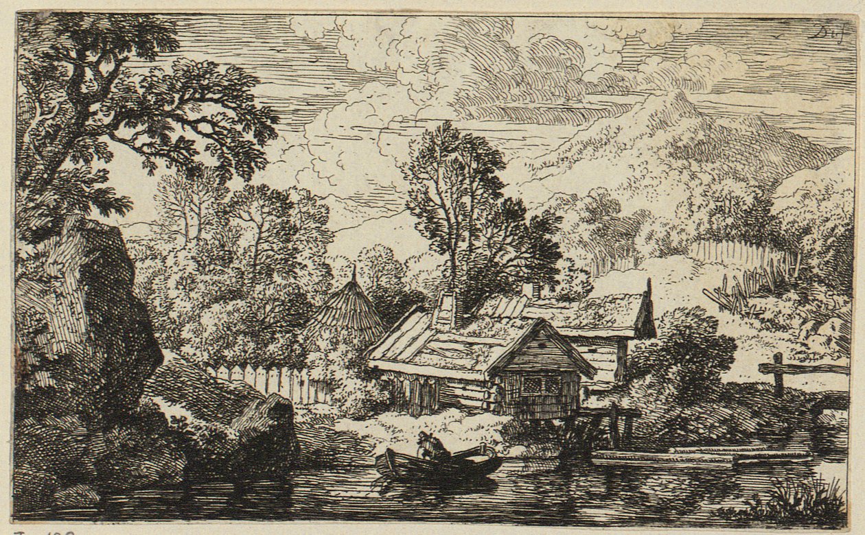 Twee houten huizen aan het water door Christian Wilhelm Ernst Dietrich