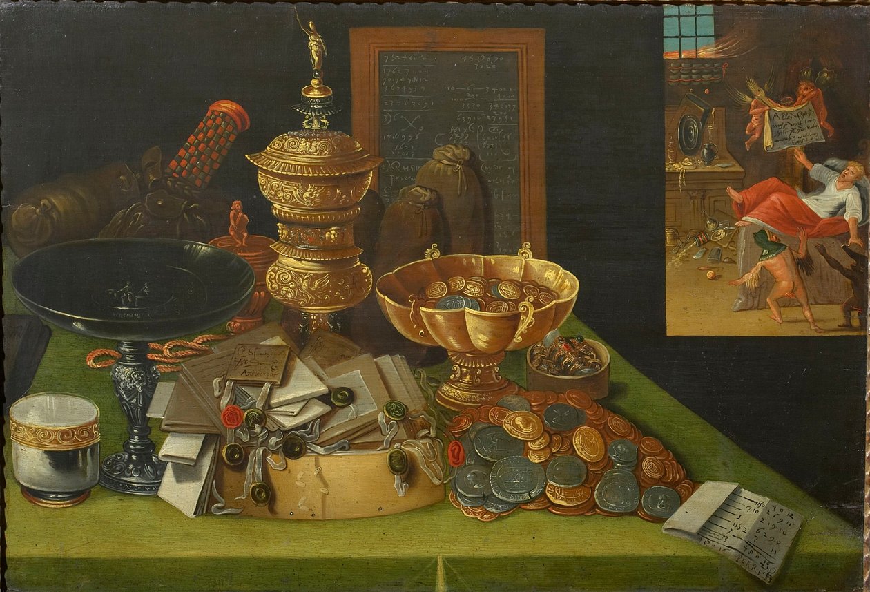 Allegorie van Wereldlijke Rijkdom met de Scène van de Dood van de Rijke Man, ca. 1600 door Christian van den Perre