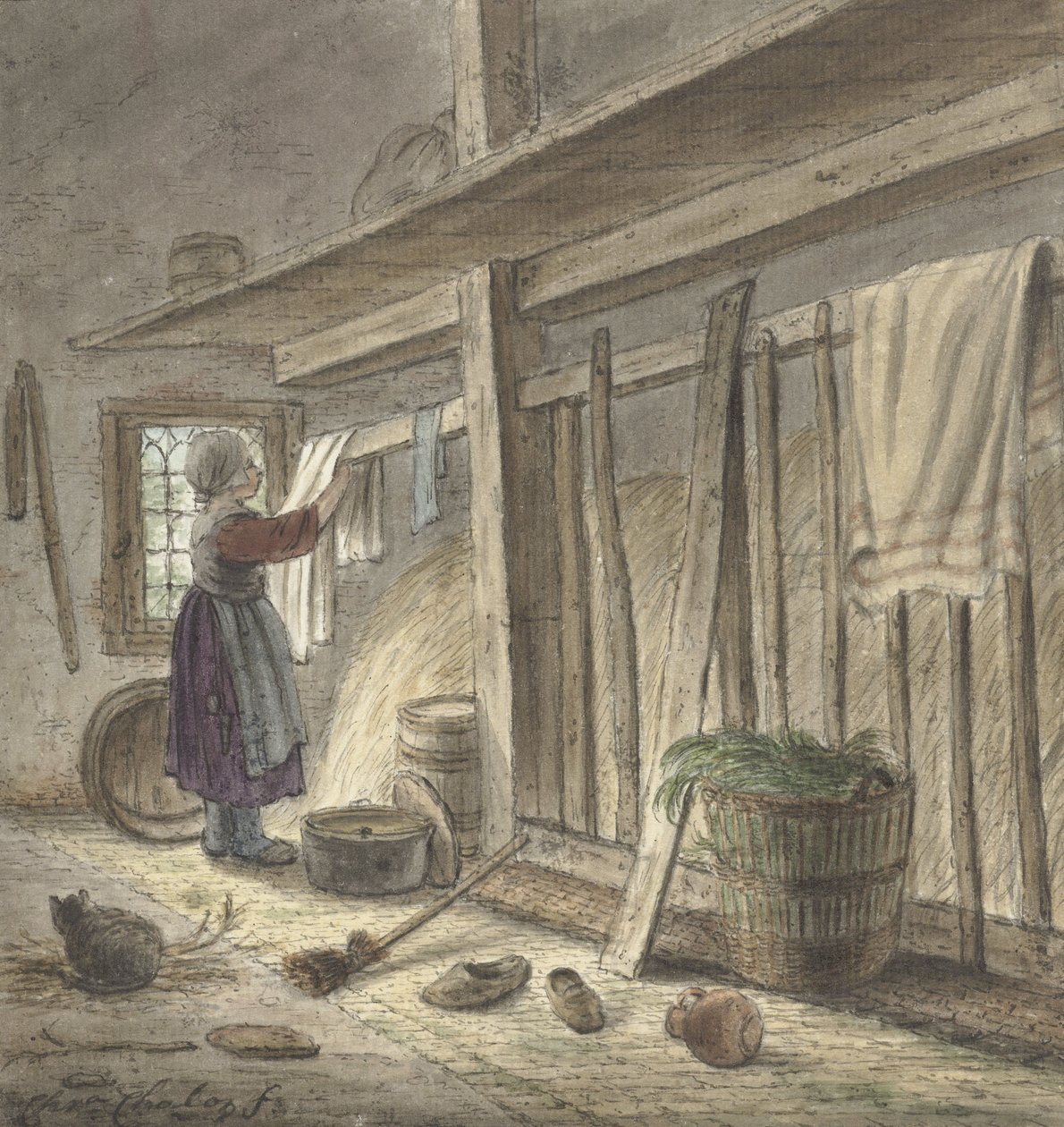 Hoekje van een stal met een meisje dat een doek ophangt (1772) van Christina Chalon door Christina Chalon